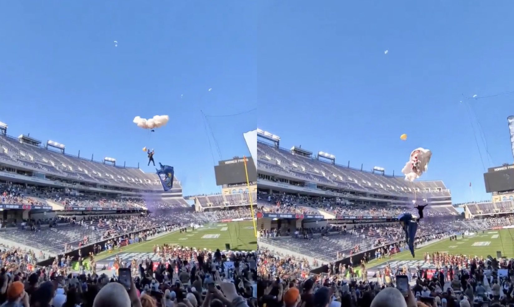 Scary Scene As Skydiver Gets Caught In A Cable & Falls To The Ground While Parachuting In To Armed Forces Bowl